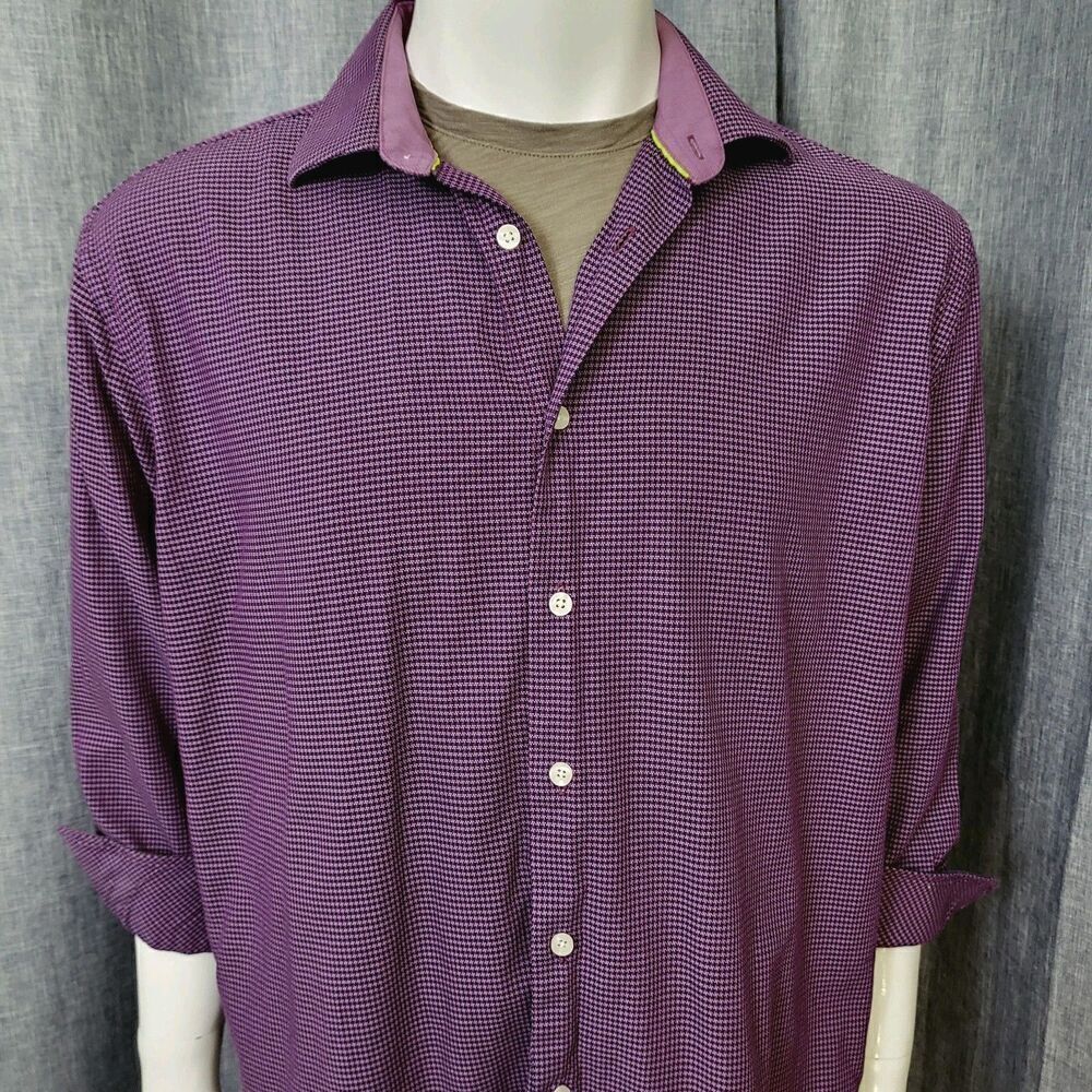 Tattersall Shirt London Woven Texture Maroon Check Mens M 17.5  32/33